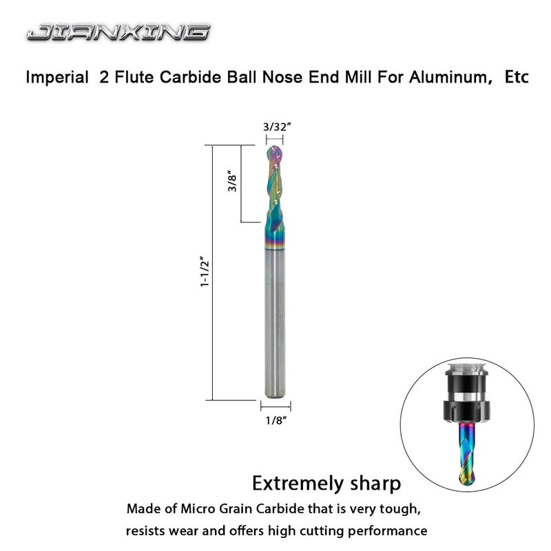 JIANXING 3/32" DLC Coated 2-Flute Carbide Ball Nose End Mill, Ideal for Aluminum, Copper Alloys, and Plastic Machining – High Precision & Wear-Resistant Cutting Tool (4 Pieces) - Image 2